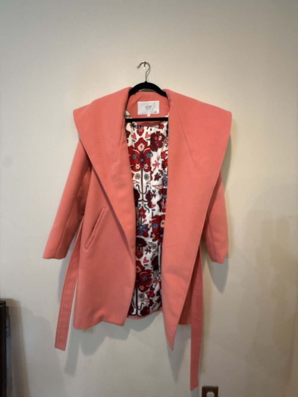 Crosby by Mollie Burch Pink Belted Wool Blend Coat with Floral Lining - Picture 2 of 5